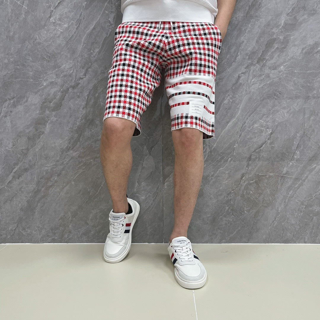Thom Browne Style Men's Cotton Casual Shorts - Signature Four-Bar Detail Lattice Pattern
