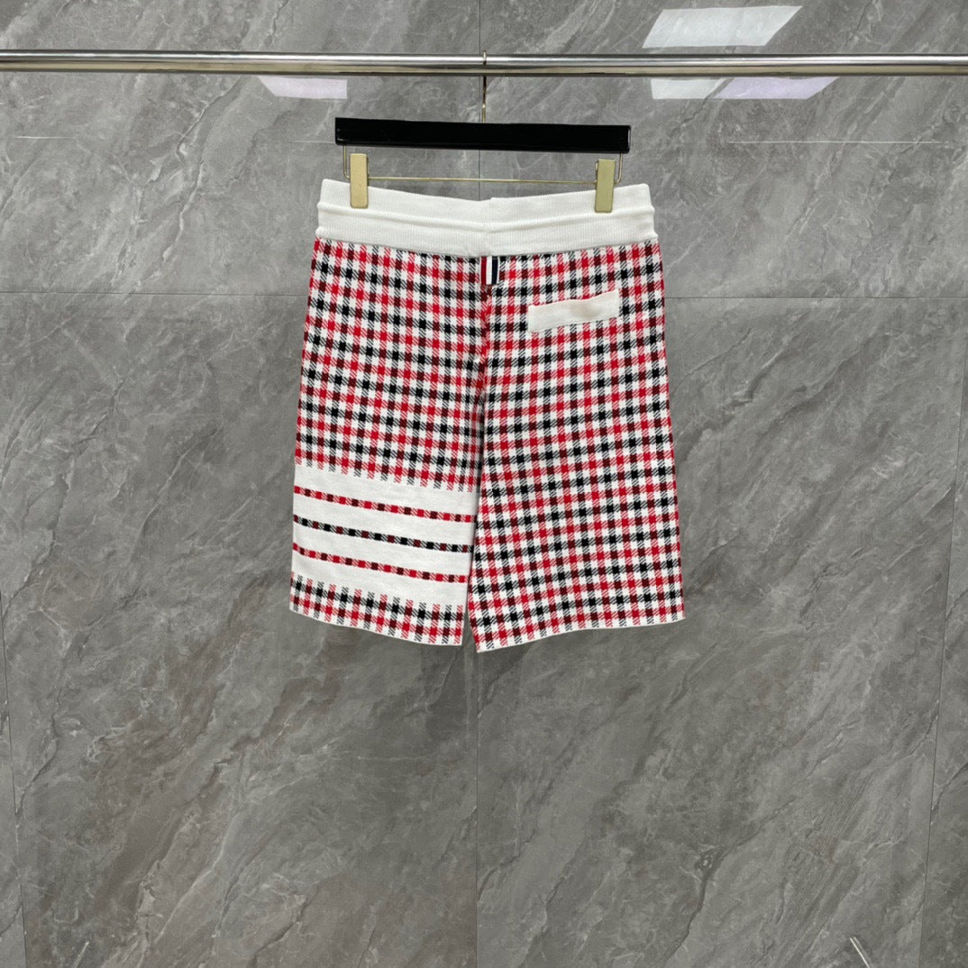 Thom Browne Style Men's Cotton Casual Shorts - Signature Four-Bar Detail Lattice Pattern