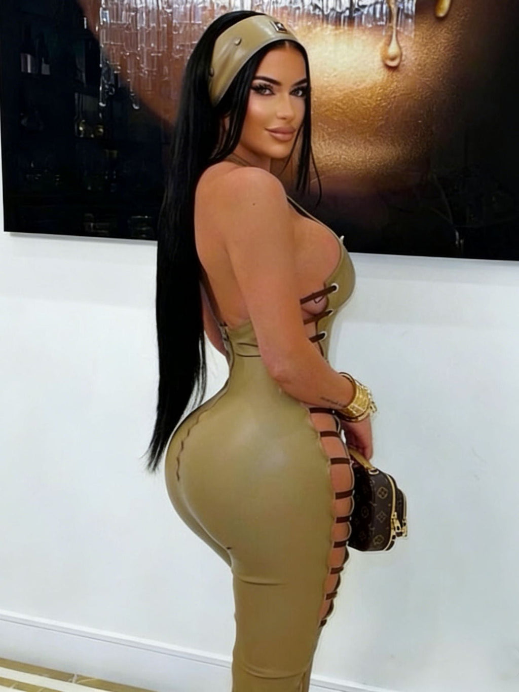 Faux Leather Halter Side-Cutout Lace-Up Jumpsuit Women