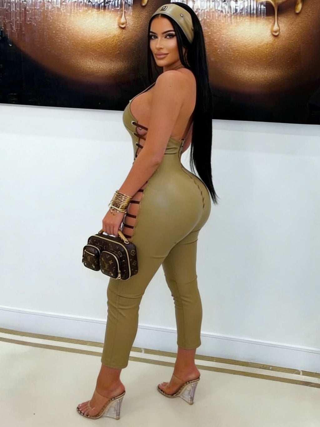 Faux Leather Halter Side-Cutout Lace-Up Jumpsuit Women