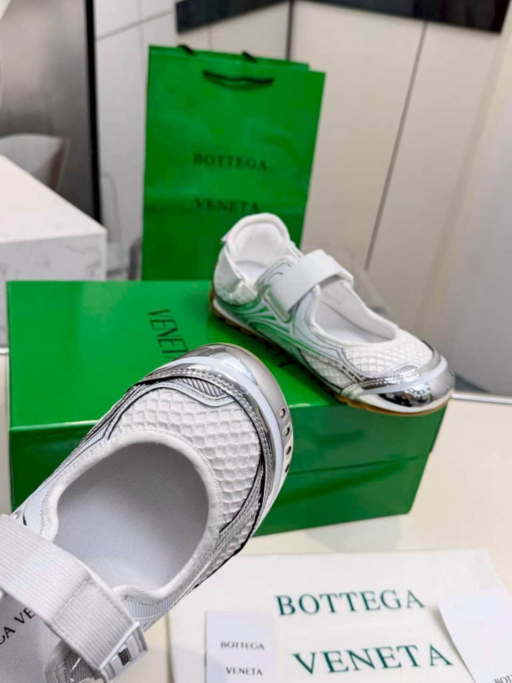 Bottega Veneta White Mesh Strap Sneakers