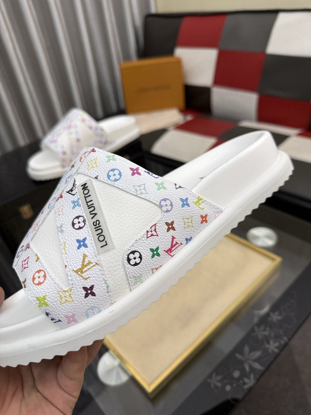 Louis Vuitton White Monogram Print Slide Sandals