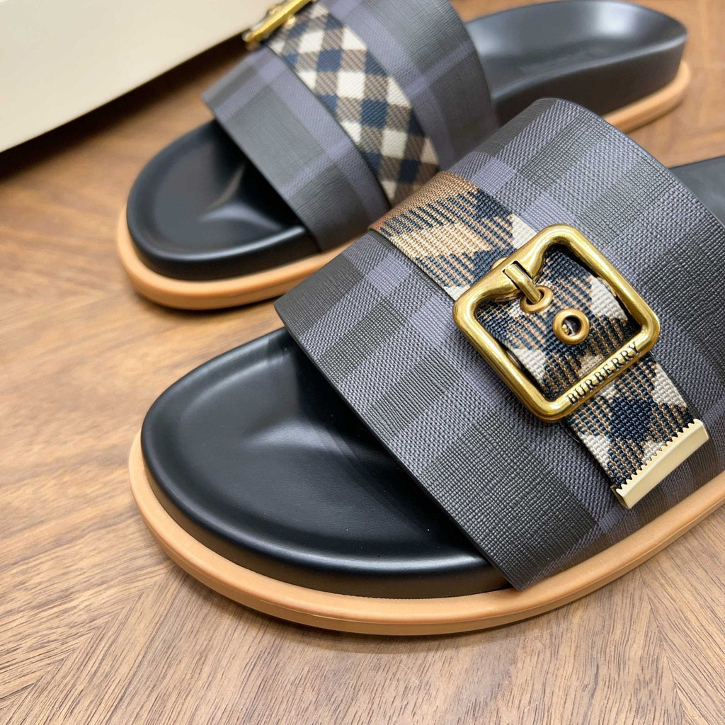 Plaid Buckle Slide Sandals