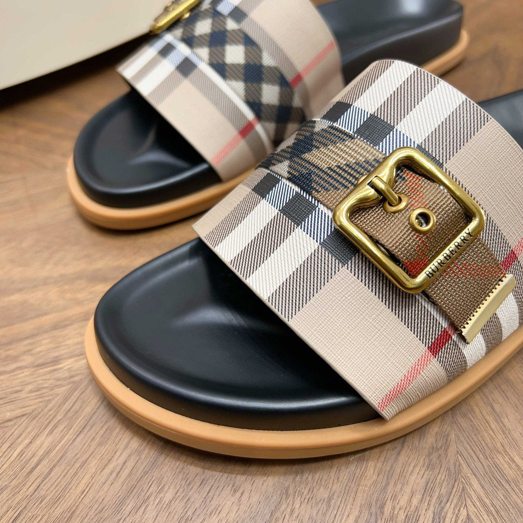 Plaid Buckle Slide Sandals