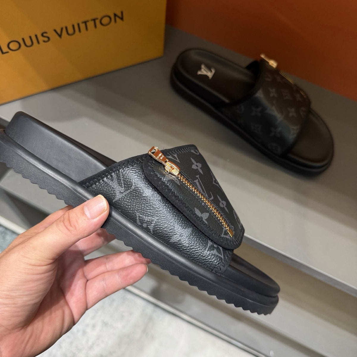 Louis Vuitton Black Monogram Strap Slide Sandals