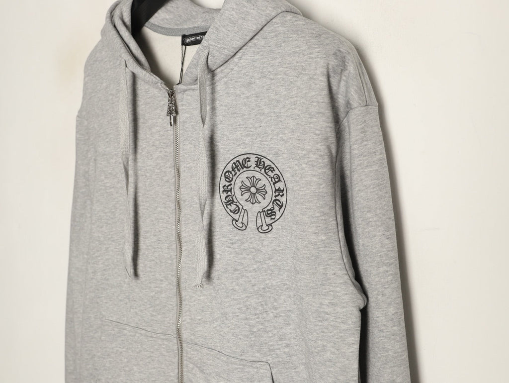 Chrome Hearts Horseshoe and Gothic-Lettering Zip Hoodie - Light Gray