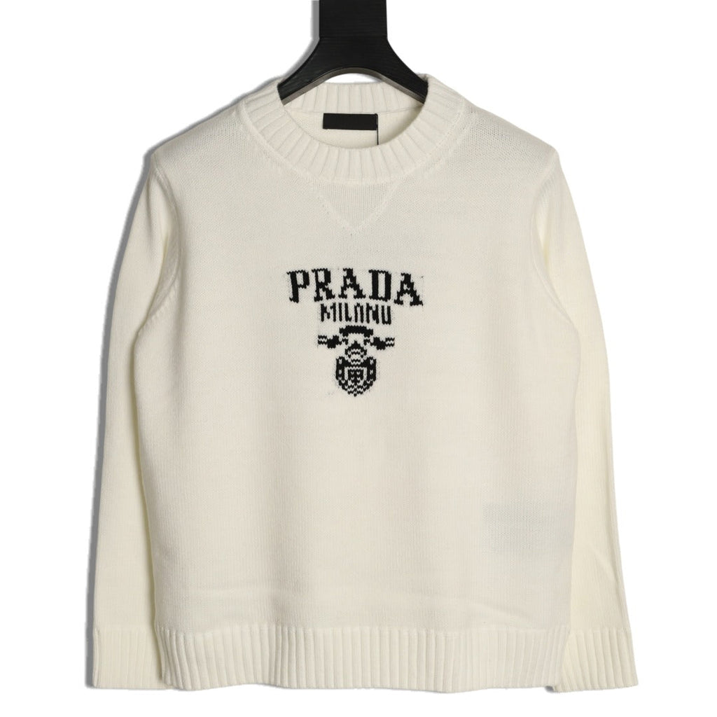 Prada Milano Logo Crewneck Knit Sweater - Cream